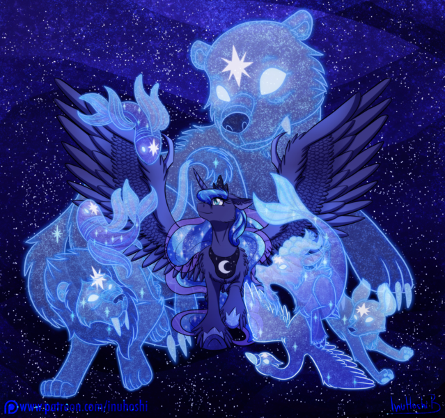 Size: 2400x2254 | Tagged: safe, artist:inuhoshi-to-darkpen, derpibooru import, princess luna, alicorn, bear, big cat, fish, goat, lion, pony, ursa, ursa minor, g4, animal, capricorn, claws, constellation, constellation beast, crown, cygnus, ethereal mane, female, galaxy mane, group, image, incorporeal, jewelry, large wings, leo, mare, night, patreon, patreon logo, pisces, png, regalia, smiling, spread wings, starry backdrop, starry background, stars, unshorn fetlocks, wing claws, wings