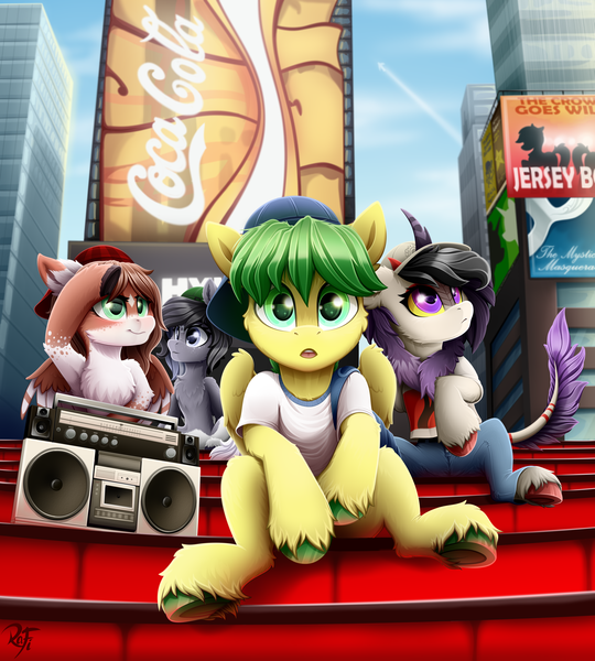 Size: 3150x3500 | Tagged: safe, artist:rainbowfire, derpibooru import, oc, unofficial characters only, earth pony, fluffy pony, kirin, pegasus, pony, unicorn, advertisement, baseball cap, black mane, briefcase, cap, chest fluff, city, cityscape, clothes, cute, denim, ear fluff, female, floppy ears, fluffy, foal, green eyes, hat, hooves, horn, image, jacket, jeans, jewelry, ladder, looking at you, male, mare, open mouth, pants, png, purple eyes, recorder, shirt, skyscraper, smiling, spread wings, stallion, surprised, t-shirt, tail, time square, tribune, wings