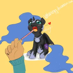 Size: 1650x1650 | Tagged: safe, artist:katurkeyg, derpibooru import, nightmare moon, human, g4, blushing, cute, feeding, female, food, heart, image, micro, moonabetes, png, pocky