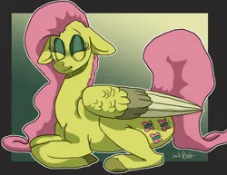 Size: 1500x1159 | Tagged: safe, artist:lawkbutt, derpibooru import, fluttershy, pegasus, pony, g4, female, gradient background, image, lying down, png, ponyloaf, prone, solo, yellow