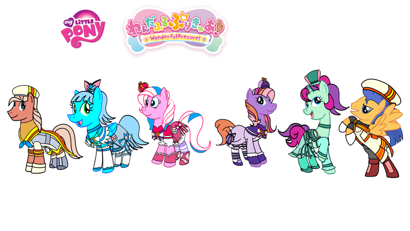 Size: 1920x1080 | Tagged: safe, artist:omegaridersangou, derpibooru import, cotton candy (g3), flash sentry, glory, slugger, starbeam, twinkle twirl, pegasus, pony, unicorn, g1, g3, g4, clothes, cosplay, costume, cute, female, g1 to g4, g3 adorabeam, g3 cottondorable, g3 to g4, generation leap, glorybetes, group, horn, image, loop-de-la, loop-de-la (unicorn), loopdelabetes, mare, pegasus starbeam, png, precure, pretty cure, quintet, race swap, simple background, together, twinkledorable, white background, wonderful precure