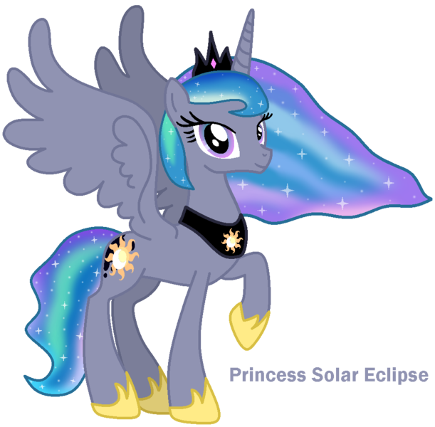 Size: 1020x1001 | Tagged: safe, artist:princess-paige-place-of-fun, derpibooru import, oc, oc:princess solar eclipse, unofficial characters only, alicorn, pony, clothes, crown, cutie mark fusion, ethereal mane, fusion, fusion:princess celestia, fusion:princess luna, horn, image, jewelry, looking at you, moon, png, raised hoof, regalia, shoes, simple background, smiling, sparkles, spread wings, sun, transparent background, wings