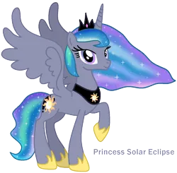 Size: 1020x1001 | Tagged: safe, artist:princess-paige-place-of-fun, derpibooru import, oc, oc:princess solar eclipse, unofficial characters only, alicorn, pony, clothes, crown, cutie mark fusion, ethereal mane, fusion, fusion:princess celestia, fusion:princess luna, horn, image, jewelry, looking at you, moon, png, raised hoof, regalia, shoes, simple background, smiling, sparkles, spread wings, sun, transparent background, wings