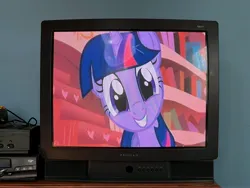 Size: 4032x3024 | Tagged: safe, artist:rogan140, derpibooru import, twilight sparkle, unicorn, g4, look before you sleep, crt, image, jpeg, my little pony, smiling, television, unicorn twilight