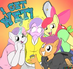 Size: 1999x1907 | Tagged: safe, artist:sheriffmj1, derpibooru import, apple bloom, diamond tiara, scootaloo, sweetie belle, anthro, g4, chainsaw, clothes, cutie mark crusaders, diamonds hd, female, gap teeth, glow, glowing horn, gradient background, grin, hoodie, horn, image, png, scissors, smiling, this will end in death, this will end in tears, this will end in tears and/or death, worried