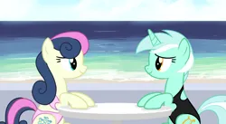 Size: 2237x1227 | Tagged: safe, artist:stephen-fisher, derpibooru import, bon bon, lyra heartstrings, sweetie drops, earth pony, unicorn, g4, beach, clothes, female, horn, image, lesbian, looking at each other, looking at someone, lyrabon, ocean, png, shipping, swimsuit, water