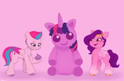 Size: 3880x2550 | Tagged: safe, artist:starburstuwu, derpibooru import, pipp petals, twilight sparkle, zipp storm, pegasus, pony, g4, g5, duo, duo female, female, figurine, high res, hoof hold, image, jpeg, looking at something, mare, open mouth, open smile, pink background, plushie, royal sisters (g5), siblings, simple background, sisters, smiling, underhoof