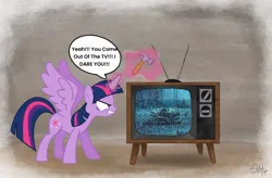 Size: 1024x673 | Tagged: safe, artist:sophiamarieb, derpibooru import, twilight sparkle, twilight sparkle (alicorn), alicorn, g4, dialogue, hammer, image, jpeg, television, the ring