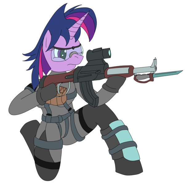 Size: 1921x1918 | Tagged: safe, artist:timejumper, derpibooru import, twilight sparkle, anthro, unicorn, g4, alternate hairstyle, belt, bodysuit, clothes, glasses, gloves, gun, horn, image, png, punklight sparkle, rifle, tactical, unicorn twilight, weapon