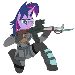 Size: 1921x1918 | Tagged: safe, artist:timejumper, derpibooru import, twilight sparkle, anthro, unicorn, g4, alternate hairstyle, belt, bodysuit, clothes, glasses, gloves, gun, horn, image, png, punklight sparkle, rifle, tactical, unicorn twilight, weapon