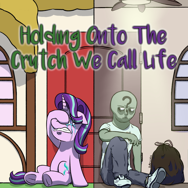 Size: 1920x1920 | Tagged: safe, artist:_butterscotch, derpibooru import, starlight glimmer, oc, oc:anon, human, pony, unicorn, g4, bag, ceiling fan, clothes, commission, cover art, crying, door, duo, duo male and female, fan, female, horn, image, male, png, rooftop, trash bag, window