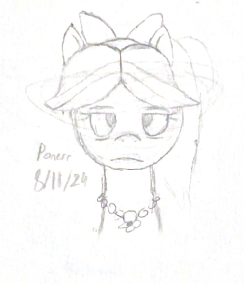 Size: 497x578 | Tagged: safe, artist:ponerr, derpibooru import, posey (g5), g5, annoyed, bow, bust, date (time), frown, hair bow, image, jewelry, jpeg, necklace, paper background, pencil drawing, posey bloom is not amused, posey can't catch a break, signature, sketch, traditional art, unamused