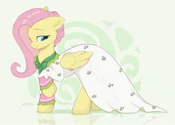 Size: 1795x1284 | Tagged: safe, artist:shmel, derpibooru import, flutterholly, fluttershy, pegasus, pony, a hearth's warming tail, g4, season 6, abstract background, clothes, cute, dress, female, green background, image, jpeg, looking down, mare, my little pony, shyabetes, simple background, smiling, solo