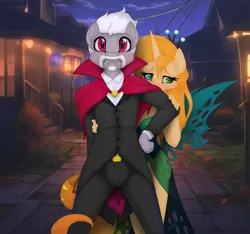 Size: 1200x1125 | Tagged: safe, artist:miniferu, derpibooru import, alicorn, anthro, earth pony, clothes, costume, dracula, female, halloween, holiday, image, jpeg, male, my little pony, queen chrisalis