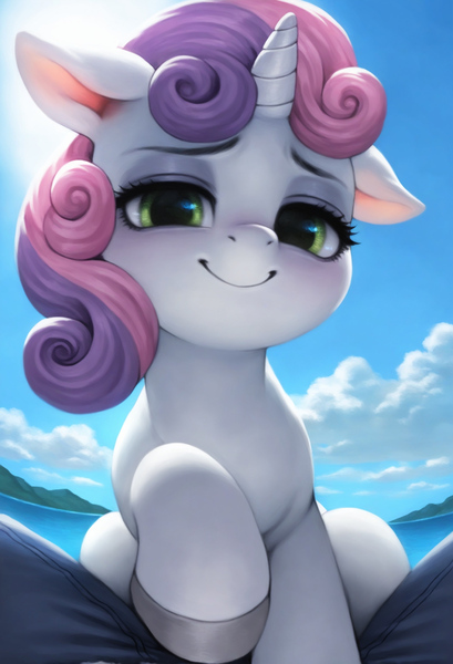 Size: 1408x2064 | Tagged: suggestive, ai content, anonymous artist, machine learning generated, stable diffusion, sweetie belle, pony, unicorn, clothes, cloud, female, filly, green eyes, hooves, image, jeans, jpeg, lidded eyes, looking at you, ocean, offscreen character, pants, pov, seductive look, sitting on lap, sky, smiling