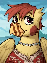 Size: 1040x1400 | Tagged: safe, artist:bunnyshrubby, derpibooru import, oc, oc:duchess ginevra, oc:ginevra, oc:ginevra di chiazbini, unofficial characters only, gryphon, equestria at war mod, beak, bust, clothes, griffon oc, image, jewelry, jpeg, looking at you, outdoors, portrait, shirt, smiling, smiling at you, solo, updated portrait, updated portraits, updated portraits from the equestria at war mod, wings