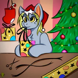 Size: 2560x2560 | Tagged: safe, artist:namelessplaza, derpibooru import, derpy hooves, pegasus, pony, g4, candy, christmas, christmas sock, christmas tree, food, hat, holiday, image, jpeg, present, scissors, solo, tree