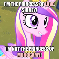 Size: 1686x1687 | Tagged: safe, derpibooru import, screencap, princess cadance, alicorn, g4, caption, image, image macro, implied infidelity, implied shining armor, png, slut, smiling, text