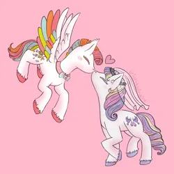 Size: 2048x2048 | Tagged: safe, artist:brightpinkink, derpibooru import, confetti (g1), dainty dove (g2), earth pony, pegasus, pony, g1, g2, boop, bowtie, bride, duo, duo female, eyes closed, female, floating heart, flying, generational ponidox, heart, image, lesbian, mare, noseboop, pink background, png, race swap, raised hoof, ship:paper birds, signature, simple background, spread wings, tail, unshorn fetlocks, veil, wedding veil, wings