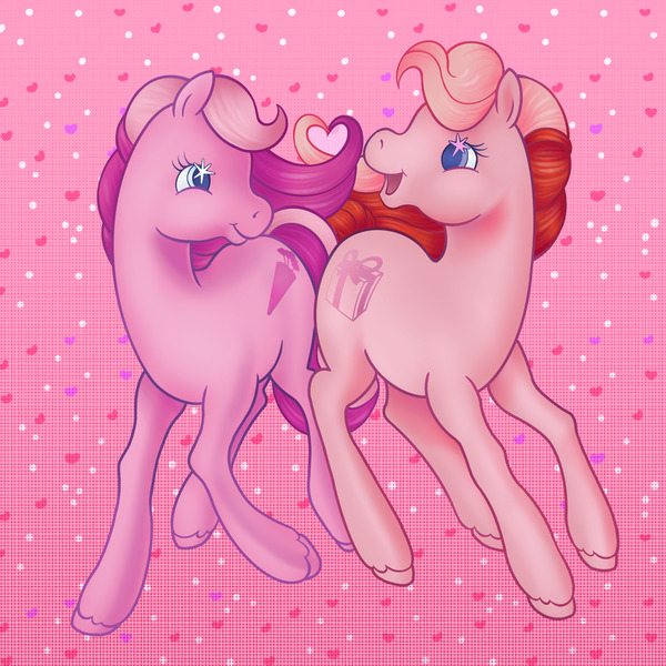 Size: 2000x2000 | Tagged: safe, artist:lezzlesdrawsponies, derpibooru import, cupcake (g2), earth pony, pony, g2, duo, duo female, female, heart, heart background, holiday, honey (g2), image, jpeg, lesbian, looking at each other, looking at someone, mare, open mouth, open smile, shipping, smiling, starry eyes, unshorn fetlocks, valentine's day, wingding eyes