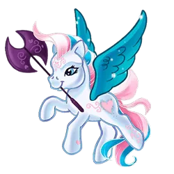 Size: 450x450 | Tagged: safe, artist:lezzlesdrawsponies, derpibooru import, star catcher, pegasus, pony, g3, axe, battle axe, female, flying, image, mare, mouth hold, png, simple background, solo, spread wings, tail, transparent background, weapon, wings