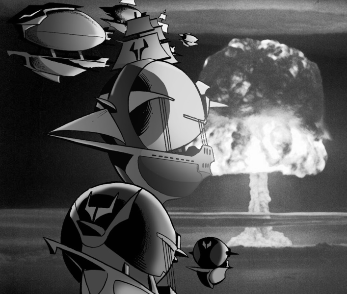 Size: 1077x914 | Tagged: artist needed, source needed, safe, derpibooru import, 1000 hours in ms paint, airship, black and white, comic, grayscale, human world, image, monochrome, mushroom cloud, no pony, nuclear explosion, png, sepia, storm king's ship