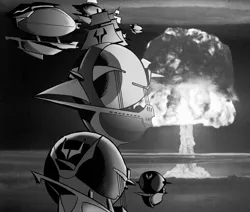 Size: 1077x914 | Tagged: artist needed, source needed, safe, derpibooru import, 1000 hours in ms paint, airship, black and white, comic, grayscale, human world, image, monochrome, mushroom cloud, no pony, nuclear explosion, png, sepia, storm king's ship