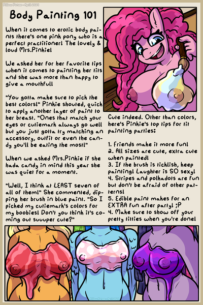 Size: 6000x9000 | Tagged: questionable, artist:sexygoatgod, derpibooru import, applejack, pinkie pie, rainbow dash, twilight sparkle, alicorn, anthro, earth pony, pegasus, article, bodypaint, female, image, pillow ponee, pillow ponee: issue 1, png, text