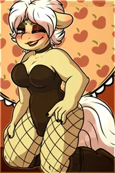 Size: 6000x9000 | Tagged: suggestive, artist:sexygoatgod, derpibooru import, granny smith, earth pony, g4, bunny suit, clothes, female, fishnet clothing, fishnets, image, one eye closed, pillow ponee, pillow ponee: issue 1, png, sepia, socks, solo, stockings, thigh highs, wink, young granny smith, younger