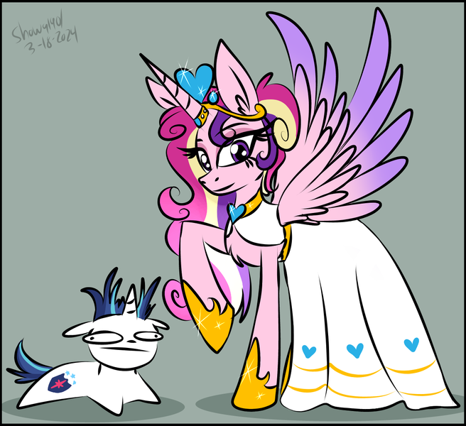 Size: 1180x1080 | Tagged: safe, artist:showa1901, derpibooru import, princess cadance, shining armor, alicorn, pony, unicorn, g4, clothes, dress, duo, female, gray background, horn, image, male, mare, meme, png, ship:shiningcadance, shipping, signature, simple background, size difference, stallion, straight, the bride and the ugly ass groom, toy interpretation, wedding dress