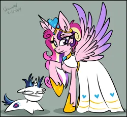 Size: 1180x1080 | Tagged: safe, artist:showa1901, derpibooru import, princess cadance, shining armor, alicorn, pony, unicorn, g4, clothes, dress, duo, female, gray background, horn, image, male, mare, meme, png, ship:shiningcadance, shipping, signature, simple background, size difference, stallion, straight, the bride and the ugly ass groom, toy interpretation, wedding dress