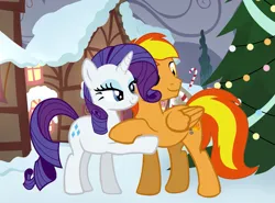 Size: 1397x1032 | Tagged: safe, artist:star-armour95, derpibooru import, rarity, oc, oc:firey ratchet, pegasus, unicorn, g4, christmas, christmas tree, female, hearth's warming, holiday, horn, image, male, png, snow, tree, winter