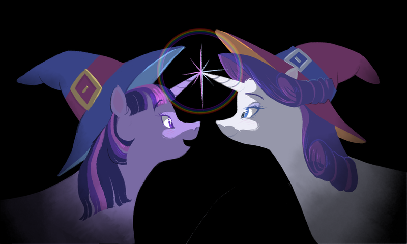 Size: 2000x1200 | Tagged: safe, artist:universalheart, derpibooru import, rarity, twilight sparkle, pony, unicorn, g4, black background, duo, female, hat, horn, horns are touching, image, lesbian, looking at each other, looking at someone, png, rarilight, ship:rarilight, shipping, simple background, unicorn twilight, witch hat