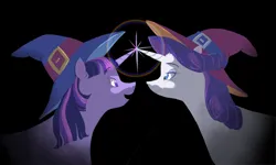 Size: 2000x1200 | Tagged: safe, artist:universalheart, derpibooru import, rarity, twilight sparkle, pony, unicorn, g4, black background, duo, female, hat, horn, horns are touching, image, lesbian, looking at each other, looking at someone, png, rarilight, ship:rarilight, shipping, simple background, unicorn twilight, witch hat