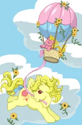 Size: 474x724 | Tagged: safe, artist:universalheart, derpibooru import, baby shady, lofty, earth pony, pegasus, pony, g1, digital art, duo, flower, hot air balloon, image, pixel art, png, redraw, sunflower