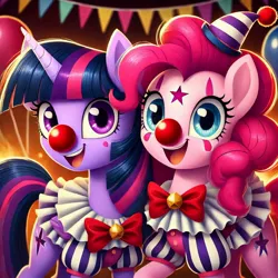 Size: 1024x1024 | Tagged: safe, ai content, derpibooru import, machine learning generated, prompter:heydude5321, pinkie pie, twilight sparkle, earth pony, pony, unicorn, g4, alternate cutie mark, bowtie, clown, clown nose, duo, female, generator:bing image creator, generator:dall-e 3, hat, horn, image, jpeg, mare, red nose