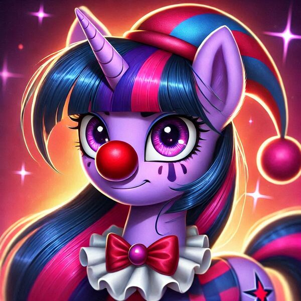 Size: 1024x1024 | Tagged: safe, ai content, derpibooru import, machine learning generated, prompter:heydude5321, twilight sparkle, pony, unicorn, g4, alternate cutie mark, alternate hairstyle, bowtie, clothes, clown, clown nose, female, generator:bing image creator, generator:dall-e 3, hat, horn, image, jpeg, mare, red nose, solo