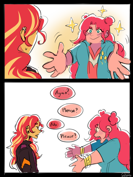 Size: 900x1200 | Tagged: safe, artist:sadscruffy, derpibooru import, pinkie pie, sunset shimmer, human, equestria girls, g4, comic, dialogue, duo, duo female, female, image, outstretched arms, png, speech bubble