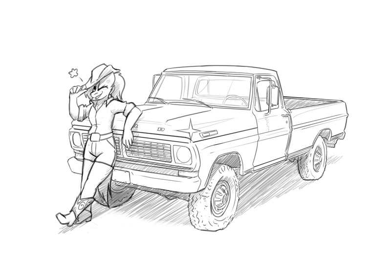 Size: 3500x2500 | Tagged: safe, artist:captainhoers, derpibooru import, oc, unofficial characters only, anthro, earth pony, 70s, boots, clothes, cowboy boots, cowboy hat, ford, ford f-150, grayscale, hat, image, jpeg, leaning, looking at you, monochrome, one eye closed, shoes, simple background, solo, truck, white background, wink, winking at you