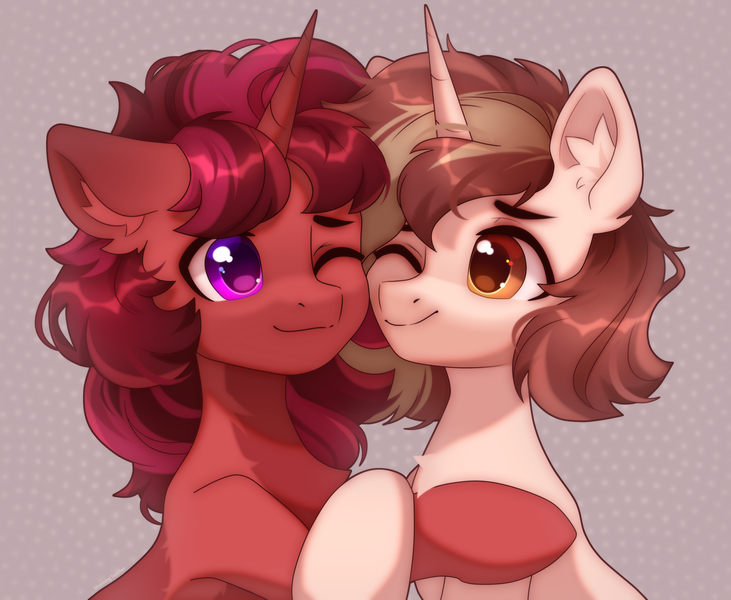 Size: 3045x2500 | Tagged: safe, artist:radioaxi, derpibooru import, oc, unofficial characters only, pony, unicorn, abstract background, bust, duo, high res, horn, hug, image, one eye closed, png, smiling