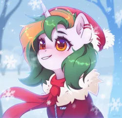 Size: 2587x2500 | Tagged: safe, artist:radioaxi, derpibooru import, oc, unofficial characters only, pony, unicorn, blushing, bust, clothes, grin, hat, high res, horn, image, jacket, looking up, png, scarf, sitting, smiling, snow, solo, winter outfit