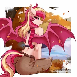 Size: 1500x1500 | Tagged: safe, artist:stainedglasslighthea, derpibooru import, oc, oc:ruby sanguine, unofficial characters only, anthro, bat pony, autumn, bat pony oc, bat wings, bra, clothes, denim, female, image, jeans, jpeg, lake, looking back, pants, pinup, sitting, solo, spread wings, underwear, water, wings