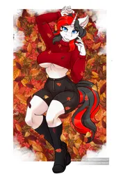 Size: 1269x1899 | Tagged: suggestive, artist:stainedglasslighthea, derpibooru import, oc, oc:starforce fireline, unofficial characters only, anthro, unicorn, autumn, autumn leaves, breasts, clothes, female, horn, image, jpeg, leaf, leaves, lying down, midriff, on back, pinup, shoes, smiling, solo, sweater, underboob