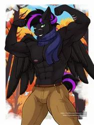 Size: 1500x2000 | Tagged: suggestive, artist:stainedglasslighthea, derpibooru import, oc, unofficial characters only, anthro, pegasus, autumn, clothes, flexing, grin, image, jpeg, male, male nipples, muscles, nipples, nudity, partial nudity, pinup, scarf, smiling, solo, topless