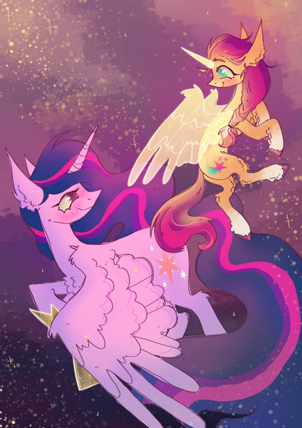 Size: 1614x2283 | Tagged: safe, artist:birchmarsh, derpibooru import, princess twilight 2.0, sunny starscout, twilight sparkle, twilight sparkle (alicorn), alicorn, pony, g5, my little pony: a new generation, the last problem, duo, female, flying, image, looking at each other, looking at someone, mare, meme, older, older twilight, older twilight sparkle (alicorn), png, race swap, sky, smiling, subverted meme, sunny and her heroine, sunnycorn, that magic is yours to give, unshorn fetlocks