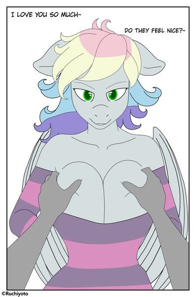 Size: 3588x5425 | Tagged: suggestive, artist:ruchiyoto, oc, oc:black cross, oc:blazey sketch, unofficial characters only, anthro, pegasus, unicorn, comic:black cross x blazey sketch, big breasts, breast grab, breasts, clothes, comic, duo, female, grope, horn, image, imminent sex, jpeg, male, oc x oc, shipping, simple background, smiling, straight, sweater, white background