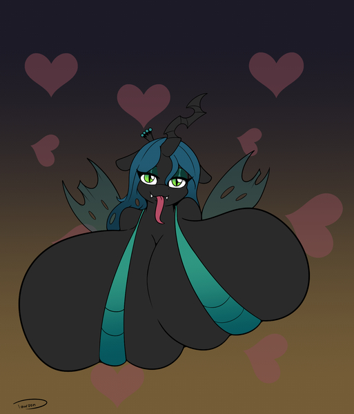 Size: 1710x2000 | Tagged: questionable, artist:taurson, derpibooru import, queen chrysalis, anthro, changeling, changeling queen, g4, big breasts, bikini, breast overpour, breasts, bust, busty queen chrysalis, clothes, female, floating heart, gradient background, heart, huge breasts, hyper, hyper breasts, image, impossibly large breasts, jpeg, long tongue, looking at you, signature, skindentation, sling bikini, solo, solo female, swimsuit, tongue out