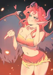 Size: 2480x3508 | Tagged: suggestive, artist:amazingpuffhair, derpibooru import, sunset shimmer, human, equestria girls, g4, bat wings, beckoning, belly, belly button, breasts, busty sunset shimmer, clothes, cute, cute little fangs, dark sclera, fangs, female, heart, high res, horns, image, miniskirt, png, simple background, skirt, slit pupils, solo, solo female, sunset satan, tube top, underboob, wings