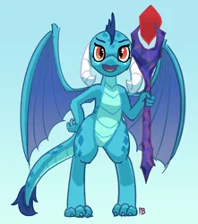 Size: 1280x1445 | Tagged: safe, artist:pabbley, derpibooru import, princess ember, dragon, g4, 2016, 30 minute art challenge, bloodstone scepter, cute, dragoness, emberbetes, female, gradient background, image, jpeg, looking at you, open mouth, signature, smiling, smiling at you, wings