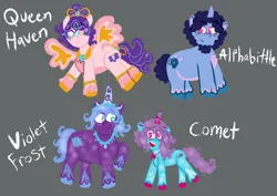 Size: 2048x1448 | Tagged: safe, artist:clovariia, derpibooru import, alphabittle (g5), queen haven, pegasus, pony, unicorn, g5, auroricorn, comet (g5), female, horn, image, male, mare, png, stallion, violet frost